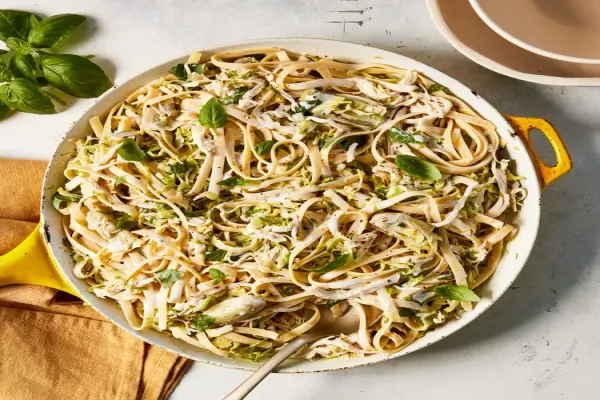 Creamy Chicken Pasta with Brussels Sprouts & Artichokes