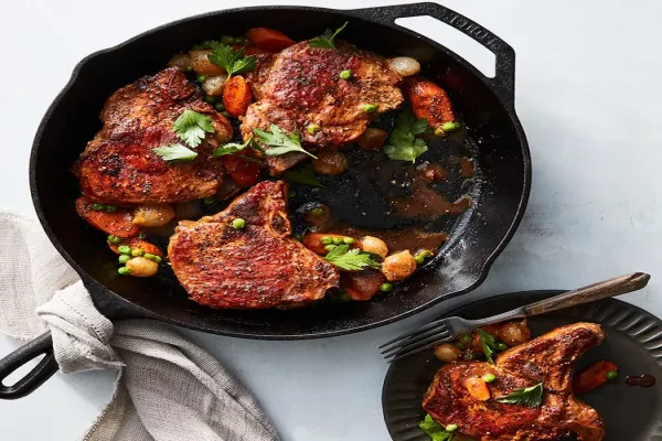 Skillet Pork Chops with Peas Carrots & Pearl Onions