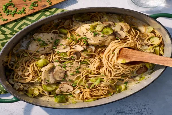 Creamy Chicken Brussels Sprouts & Mushrooms One Pot Pasta