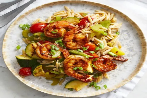Peppery Barbecue Glazed Shrimp with Vegetables & Orzo