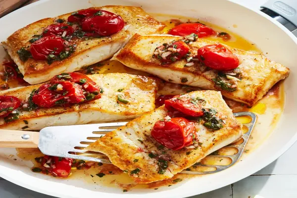 Pan Seared Fish with Basil Oil & Cherry Tomato Vinaigrette