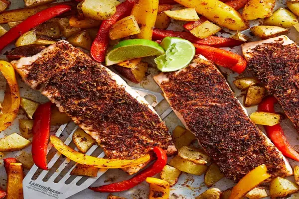 Sheet Pan Chili Lime Salmon with Potatoes & Peppers