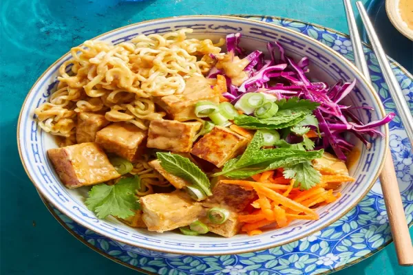 Crispy Egg Noodles with Tofu & Peanut Sauce
