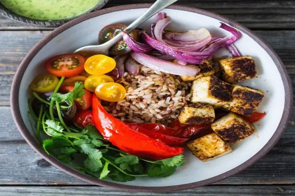 Tofu & Roasted Vegetable Grain Bowl with Pumpkin Seeds