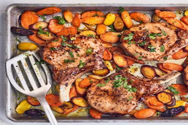 Sheet Pan Maple Mustard Pork Chops & Carrots